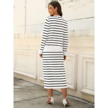 ANRABESS Women 2 Piece Outfits Striped Sweater Skirt Sets 2025 Fall Casual Long Sleeve Pullover Top Lounge Travel Midi Dress Black White Small