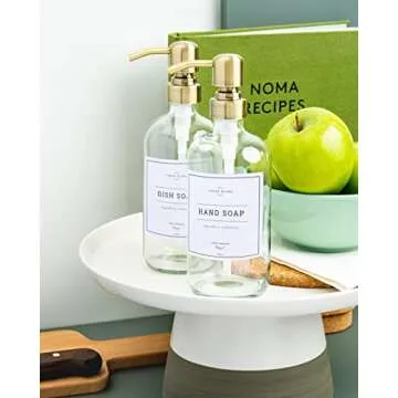 Vine Creations Clear Glass Soap Dispenser 2 Pack, Thick 16oz Bottles Rustproof Stainless Steel Pump, Kitchen Bathroom Accessories, Hand Dish Dispenser, with Waterproof Labels (Brushed Brass)