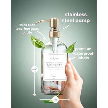 Vine Creations Clear Glass Soap Dispenser 2 Pack, Thick 16oz Bottles Rustproof Stainless Steel Pump, Kitchen Bathroom Accessories, Hand Dish Dispenser, with Waterproof Labels (Brushed Brass)