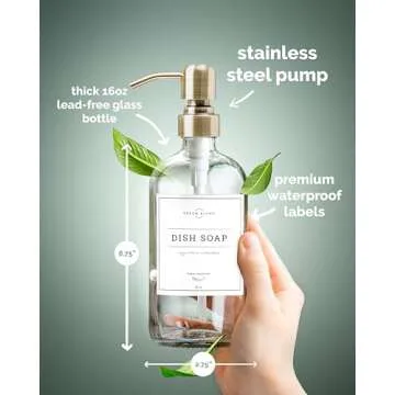 Vine Creations Clear Glass Soap Dispenser 2 Pack, Thick 16oz Bottles Rustproof Stainless Steel Pump, Kitchen Bathroom Accessories, Hand Dish Dispenser, with Waterproof Labels (Brushed Brass)
