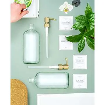 Vine Creations Clear Glass Soap Dispenser 2 Pack, Thick 16oz Bottles Rustproof Stainless Steel Pump, Kitchen Bathroom Accessories, Hand Dish Dispenser, with Waterproof Labels (Brushed Brass)
