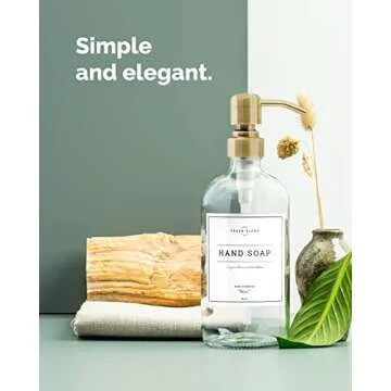 Vine Creations Clear Glass Soap Dispenser 2 Pack, Thick 16oz Bottles Rustproof Stainless Steel Pump, Kitchen Bathroom Accessories, Hand Dish Dispenser, with Waterproof Labels (Brushed Brass)