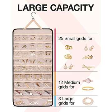 BAGSMART Hanging Jewelry Organizer Storage Roll with Hanger Metal Hooks Double-Sided Jewelry Holder for Earrings, Necklaces, Rings on Closet, Wall, Door, 1 piece, Extra Large, Black