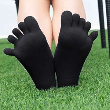Ladies Womens No Show Toe Socks Running Five Finger Crew Ankle Cotton Socks, Black, One Size, 6 Pairs