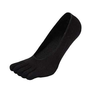 Ladies Womens No Show Toe Socks Running Five Finger Crew Ankle Cotton Socks, Black, One Size, 6 Pairs