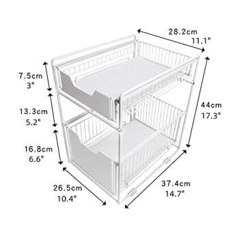 TristonSong Stackable 2-Tie Under Sink Cabinets Organizer with Sliding Storage Drawer, Pull Out Cabinets Organizer Shelf, Sliding Kitchen Countertop Storage Basket-White Large