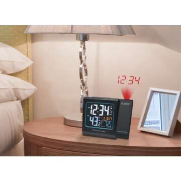 La Crosse Technology Color Projection Alarm Clock with Indoor/Outdoor Temperature & Charging USB Port, Wireless, Backlit, Black, 616-146