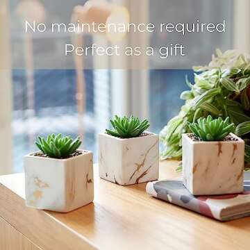 Nordik Square Marble Pots with Gold Vein Accents - Set of 3 - Modern Office and Home Decor - Lifelike Faux Plants - Artificial Desk Plants for Office and Bathroom - Mini Indoor Cactus