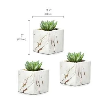 Nordik Square Marble Pots with Gold Vein Accents - Set of 3 - Modern Office and Home Decor - Lifelike Faux Plants - Artificial Desk Plants for Office and Bathroom - Mini Indoor Cactus