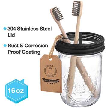 5 Pcs Mason Jar Bathroom Accessories Set - Mason Jar Soap Dispenser & 2 Apothecary Jars & Toothbrush Holder &Ceramic Drain Soap Dish - Rustic Farmhouse Restroom Bathroom Home Decor Clearance, Black