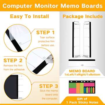 Monitor Memo Boards for Computer, Set of 3 (Left & Right & Bottom) Multifunction Acrylic Screen Message Reminder Pad Side Panels Phone Holder - Utility Organizer for Office Desktop, with Sticky Notes