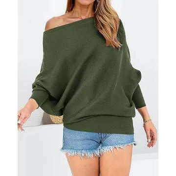 Zenlonr Women's Off Shoulder Fall Sweater in Army Green