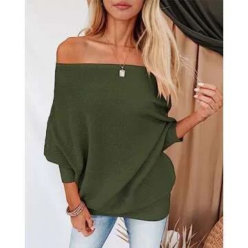 Zenlonr Women's Off Shoulder Fall Sweater in Army Green