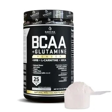 SASCHA FITNESS BCAA 4:1:1 + Glutamine, HMB, L-Carnitine, HICA | Powerful and Instant Powder Blend with Branched Chain Amino Acids (BCAAs) for Pre, Intra and Post-Workout | Natural Piña Colada,362.5g