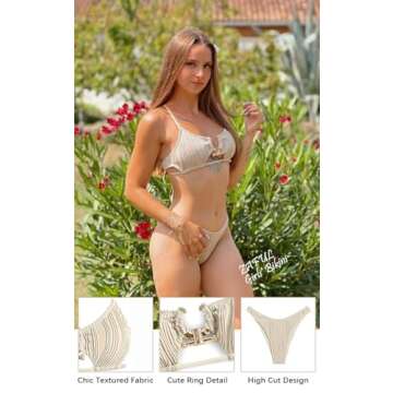 ZAFUL Women's Cutout Bikini Criss Cross Textured Metal High Leg Bikini Sets Cheeky Bikini Two Piece Swimsuit