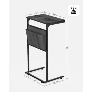 Vantic C Shaped End Table, Small Side Table for Couch and Recliner, Slide Under Sofa Tray Desk with Storage Bag for Living Room and Bedroom, Deep Grey