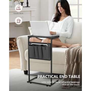 Vantic C Shaped End Table, Small Side Table for Couch and Recliner, Slide Under Sofa Tray Desk with Storage Bag for Living Room and Bedroom, Deep Grey