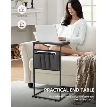 Vantic C Shaped End Table, Small Side Table for Couch and Recliner, Slide Under Sofa Tray Desk with Storage Bag for Living Room and Bedroom, Deep Grey