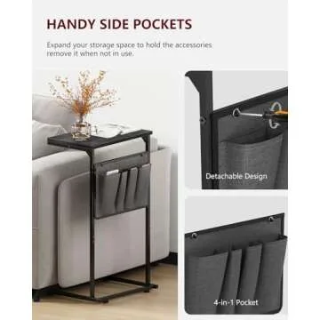 Vantic C Shaped End Table, Small Side Table for Couch and Recliner, Slide Under Sofa Tray Desk with Storage Bag for Living Room and Bedroom, Deep Grey