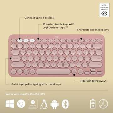 Logitech Pebble Keys 2 K380s, Multi-Device Bluetooth Wireless Keyboard with Customizable Shortcuts, Slim and Portable, Easy-Switch for Windows, macOS, iPadOS, Android, Chrome OS - Tonal Rose
