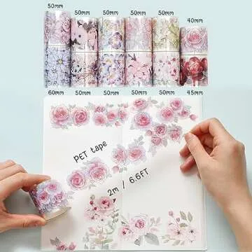 Cratey Floral Washi Tape Set - 12 PET & Washi Tapes for Journaling Stickers, Scrapbooking Supplies, ...