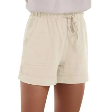Cnlinkco Cotton Summer Shorts for Womens Drawstring Comfy Elastic Waist Shorts Beach Wide Leg Short Pants with Pockets