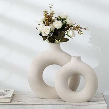 DHYXZCA White Modern Circle Ceramic Vase Set of 2, Nordic Circular Matte ​Hollow Donut Flower Vase...