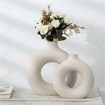 DHYXZCA White Modern Circle Ceramic Vase Set of 2, Nordic Circular Matte ​Hollow Donut Flower Vase...