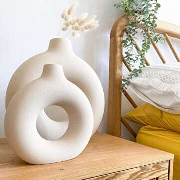 DHYXZCA White Modern Circle Ceramic Vase Set of 2, Nordic Circular Matte ​Hollow Donut Flower Vases Decorative Minimalist Art Boho Style for Home Living Room Office Kitchen Table Decor