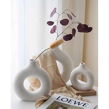 DHYXZCA White Modern Circle Ceramic Vase Set of 2, Nordic Circular Matte ​Hollow Donut Flower Vases Decorative Minimalist Art Boho Style for Home Living Room Office Kitchen Table Decor