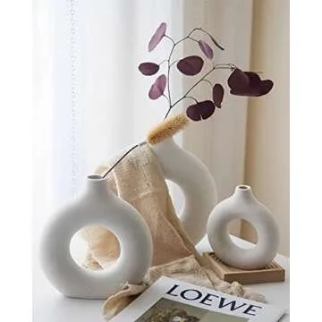 DHYXZCA White Modern Circle Ceramic Vase Set of 2, Nordic Circular Matte ​Hollow Donut Flower Vases Decorative Minimalist Art Boho Style for Home Living Room Office Kitchen Table Decor