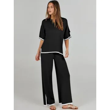 ANRABESS Two Piece Outfits for Women 2024 Fashion Short Sleeve Tops Wide Leg Pants Trendy Knit Sweater Lounge Clothes Sets Black Medium