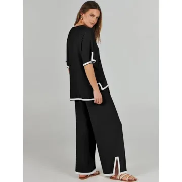ANRABESS Two Piece Outfits for Women 2024 Fashion Short Sleeve Tops Wide Leg Pants Trendy Knit Sweater Lounge Clothes Sets Black Medium