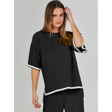 ANRABESS Two Piece Outfits for Women 2024 Fashion Short Sleeve Tops Wide Leg Pants Trendy Knit Sweater Lounge Clothes Sets Black Medium