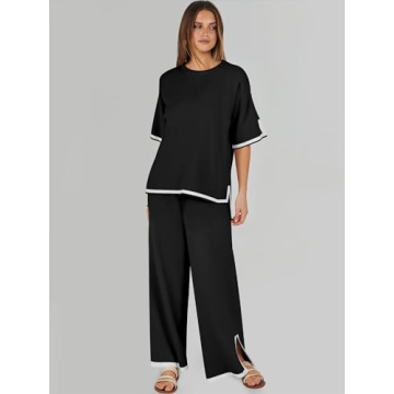 ANRABESS Two Piece Outfits for Women 2024 Fashion Short Sleeve Tops Wide Leg Pants Trendy Knit Sweater Lounge Clothes Sets Black Medium