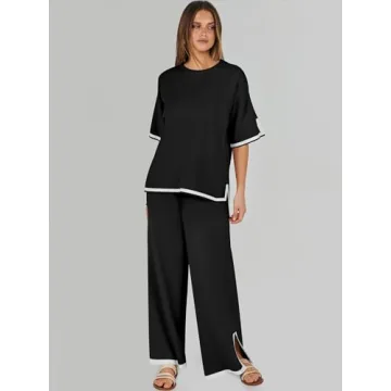 ANRABESS Two Piece Outfits for Women 2024 Fashion Short Sleeve Tops Wide Leg Pants Trendy Knit Sweater Lounge Clothes Sets Black Medium