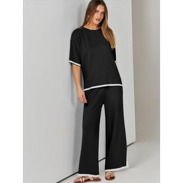 ANRABESS Two Piece Outfits for Women 2024 Fashion Short Sleeve Tops Wide Leg Pants Trendy Knit Sweater Lounge Clothes Sets Black Medium