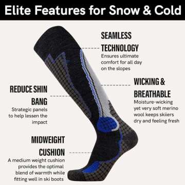 Pure Athlete High Performance Wool Ski Socks - Thermal Warm Merino Wool OTC Sock, Men Women