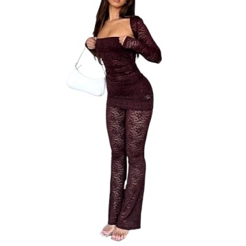 Molilove Women's Sexy Lace Outfits See Through Long Sleeve Tube Top and Flare Pants Set Bodycon Jump...