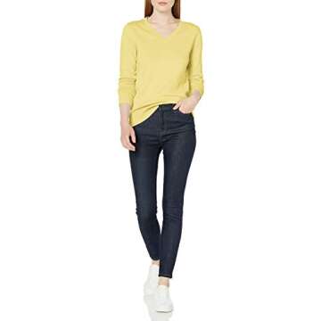 Amazon Essentials Women's 100% Cotton Long-Sleeve V-Neck Sweater, Yellow, Small