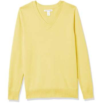 Amazon Essentials Women's 100% Cotton Long-Sleeve V-Neck Sweater, Yellow, Small