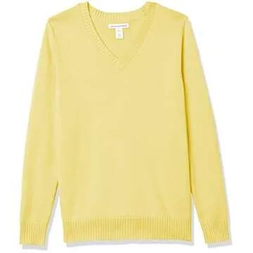 Amazon Essentials Women's 100% Cotton Long-Sleeve V-Neck Sweater, Yellow, Small