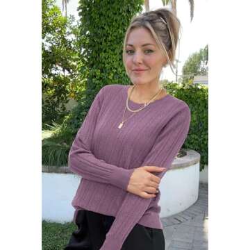 Arach&Cloz 2025 Womens Sweater Spring Fashion Knit Business Outfits Crewneck Spring Tops Blouses Long Sleeve Dressy Casual Shirts Trendy Clothing Work Clothes Teacher Gray Purple