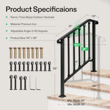 VIVOSUN Outdoor Handrail - 3 Step Durable Stair Railing with Curved End