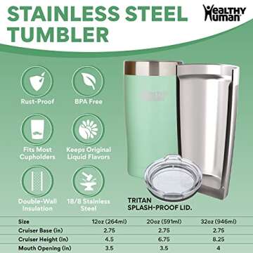 Healthy Human Stainless Steel Tumbler with Straw & Lid | Splash Proof Insulated Travel Cup | Eco-Fri...