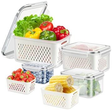 ODOMU 4 Pack Fridge Food Storage Container with Lids, Plastic Fresh Produce Saver Keeper for Vegetab...