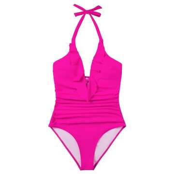 SUUKSESS Women Sexy Halter One Piece Swimsuits Ruffle V Neck Tummy Control Bathing Suits (Hot Pink, M)