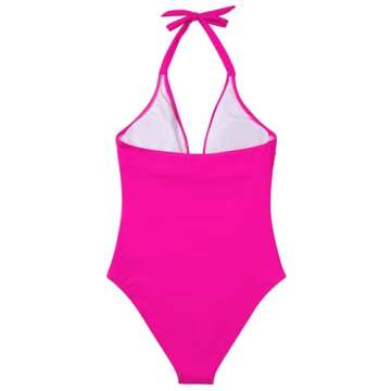 SUUKSESS Women Sexy Halter One Piece Swimsuits Ruffle V Neck Tummy Control Bathing Suits (Hot Pink, M)