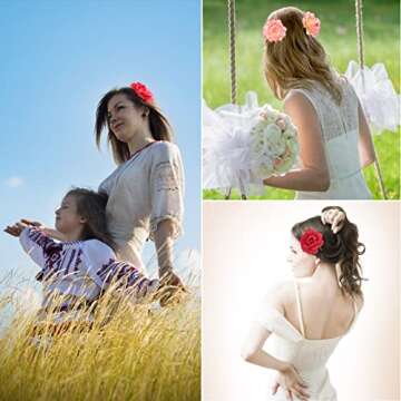 DRESHOW 5 Pcs Rose Hair Clip Flower Bridal Hair Pins Rose Brooch Floral Clips Head Ornament Wedding Hair Accessories Flamenco Dancer Hair Clip for Women Girls