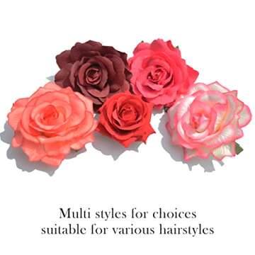 DRESHOW 5 Pcs Rose Hair Clip Flower Bridal Hair Pins Rose Brooch Floral Clips Head Ornament Wedding Hair Accessories Flamenco Dancer Hair Clip for Women Girls